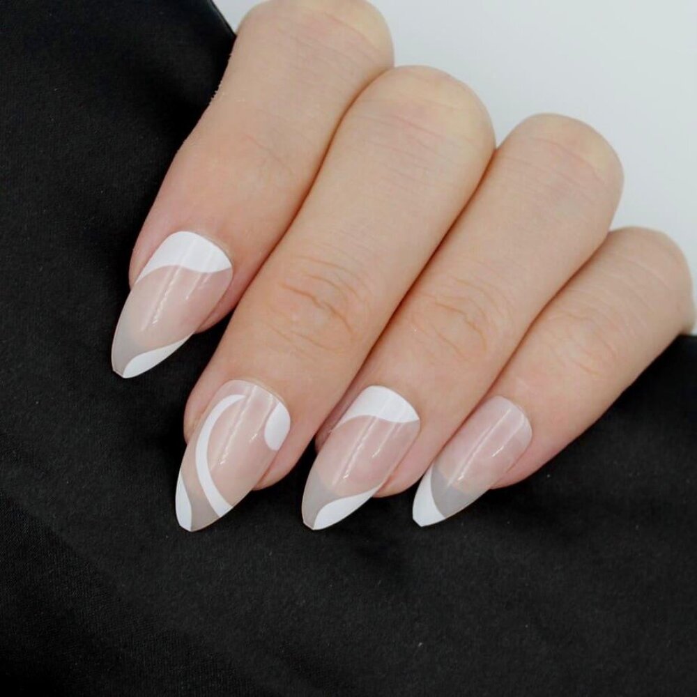 Nude press on nails with white swirls